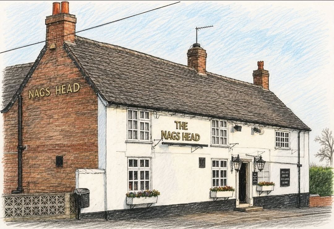 Illustration of The Nags Head, a whitewashed traditional pub in Stapleton with the sign reading The Nags Head